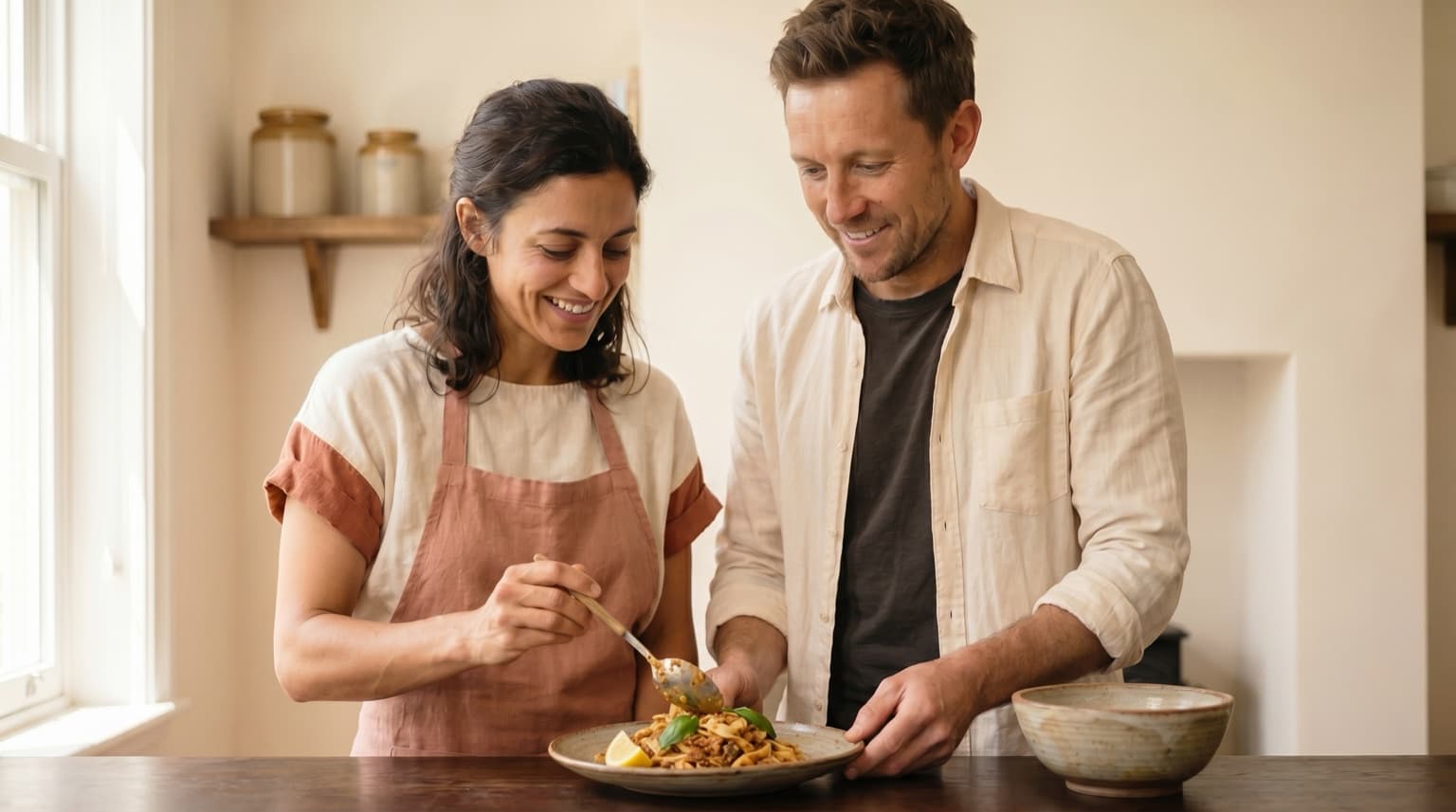 A home cook plating a simple dish in a warm kitchen