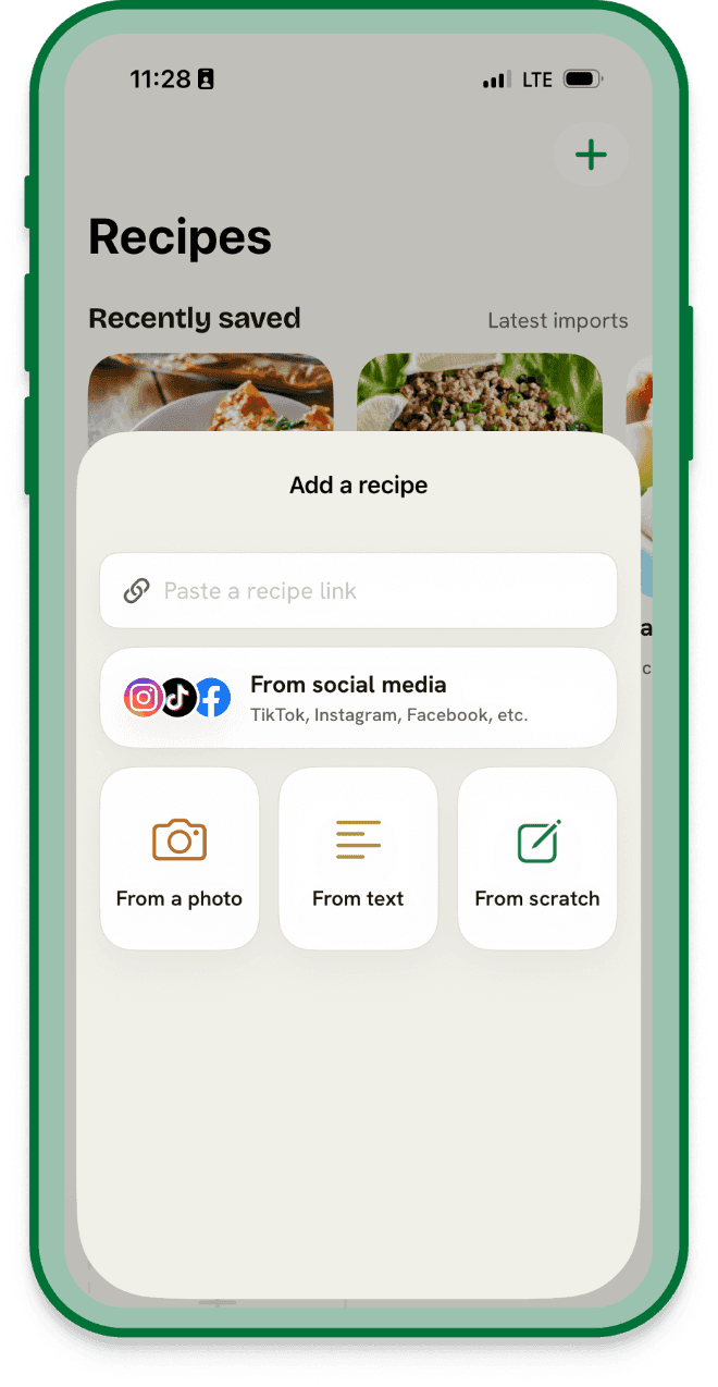 The GoFoodie Add a recipe sheet: paste a link, import from social media, from a photo, from text, or start from scratch.