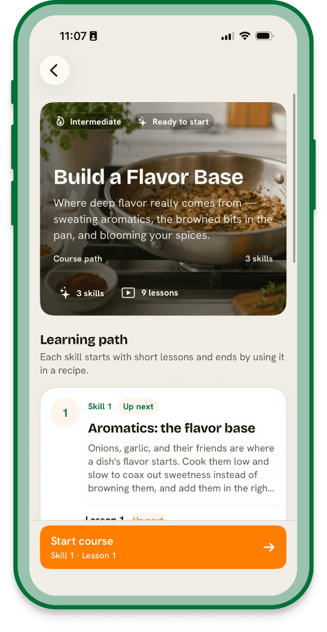 A GoFoodie course screen: Build a Flavor Base, with its learning path and a Start course button.